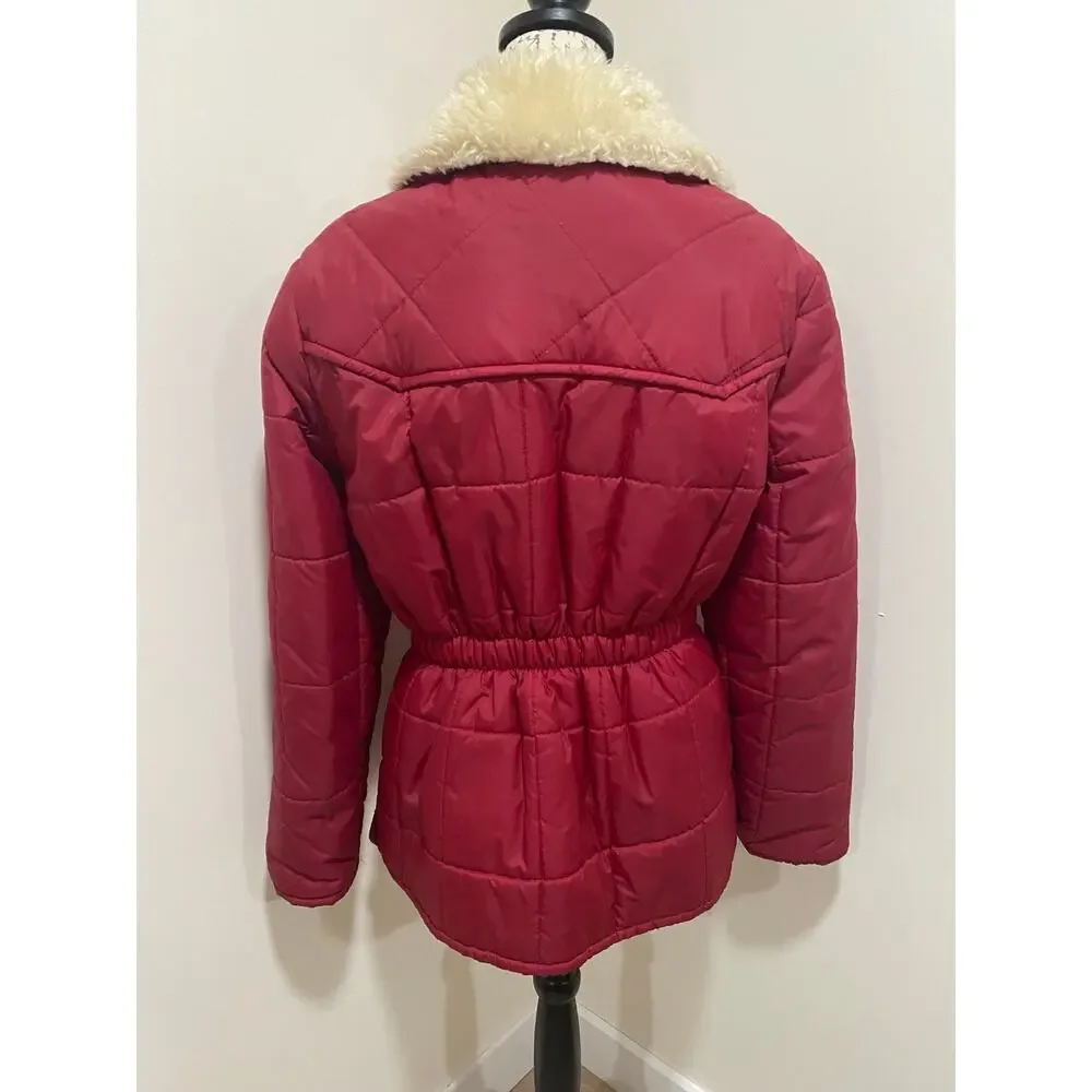Vintage Ms. Pioneer 70s 80s Red Puffer Coat Faux Fur Collar Size 14 Girls